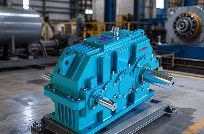 Helical Gearbox by Gamma Gears installed in an industrial manufacturing facility for efficient and reliable power transmission.