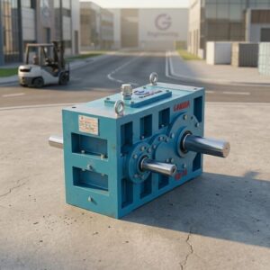 Heavy-duty Helical Gearbox installed outside an industrial manufacturing facility for efficient power transmission applications.