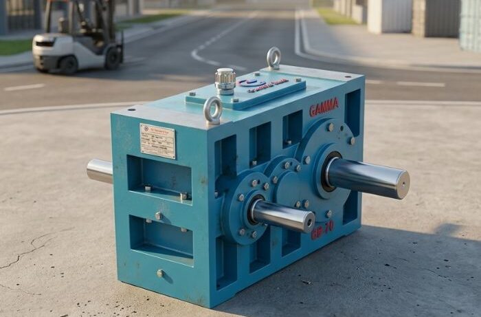 Heavy-duty Helical Gearbox installed outside an industrial manufacturing facility for efficient power transmission applications.