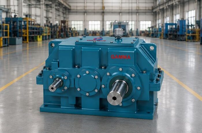 Precision-engineered Helical Gearbox by Gamma Gears displayed in a modern industrial factory for reliable power transmission and heavy-duty industrial applications.