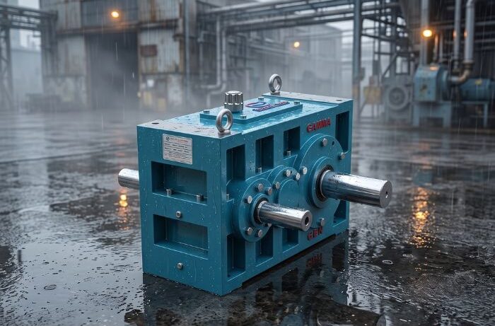 Heavy-duty helical gearbox manufactured in Gujarat for conveyors, material handling, and industrial machinery.