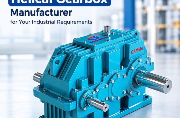 Gamma Gears industrial helical gearbox with heavy-duty housing and precision-machined shafts
